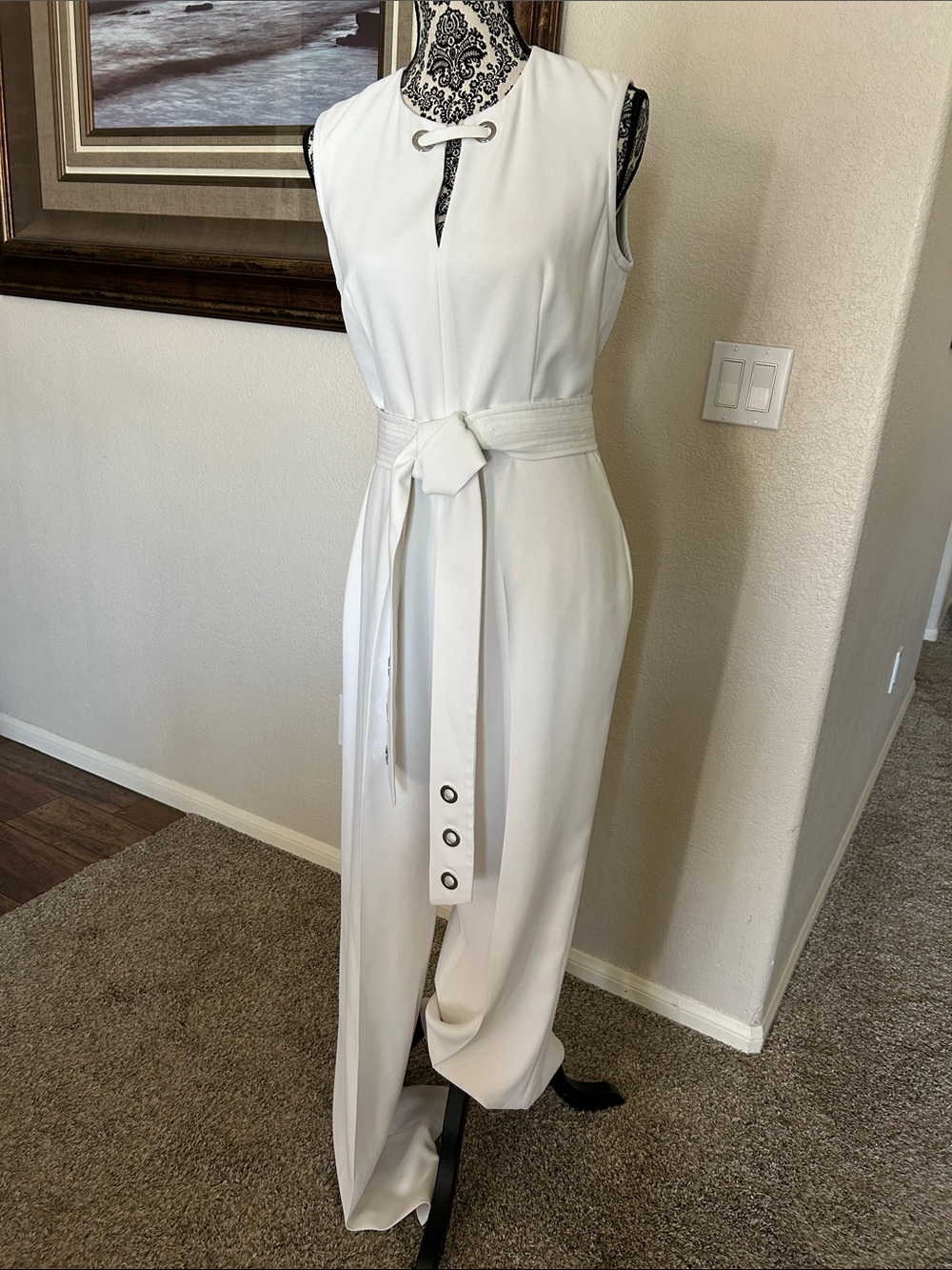 Adolfo Dominguez Sleeveless White Self-Tie Belt Jumpsuit with Keyhole Neck